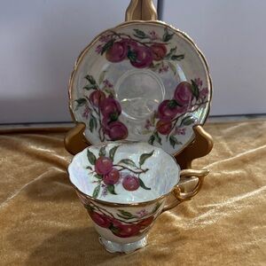 🍒 July Nectar Lusterware Teacup & Saucer Set – Hand-Painted Cherries & Gold Trim